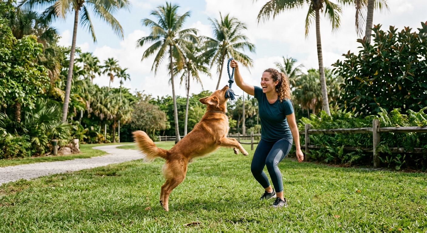 A caretaker playing with a happy dog in a Miami park